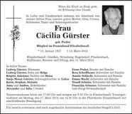 Traueranzeige Cäcilia Gürster