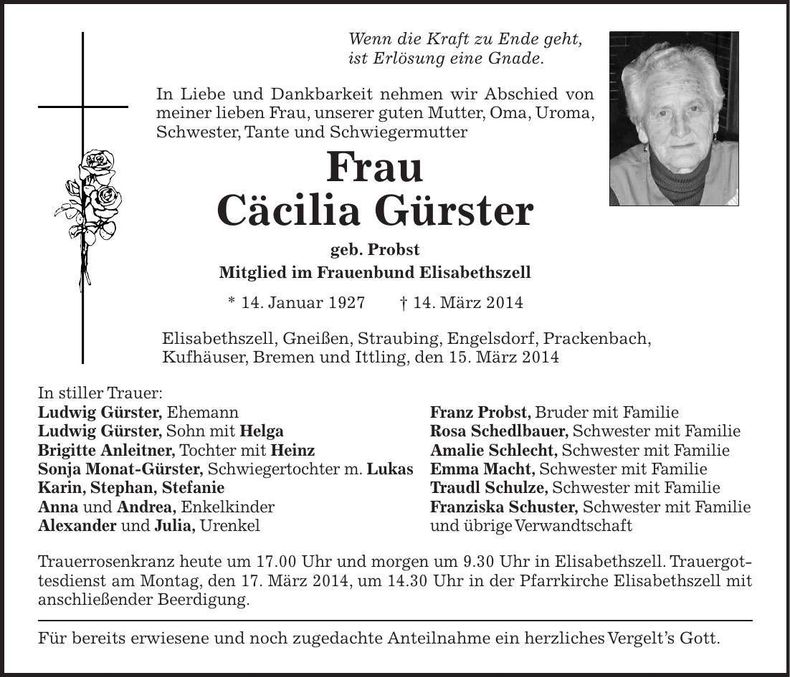 Traueranzeige Cäcilia Gürster