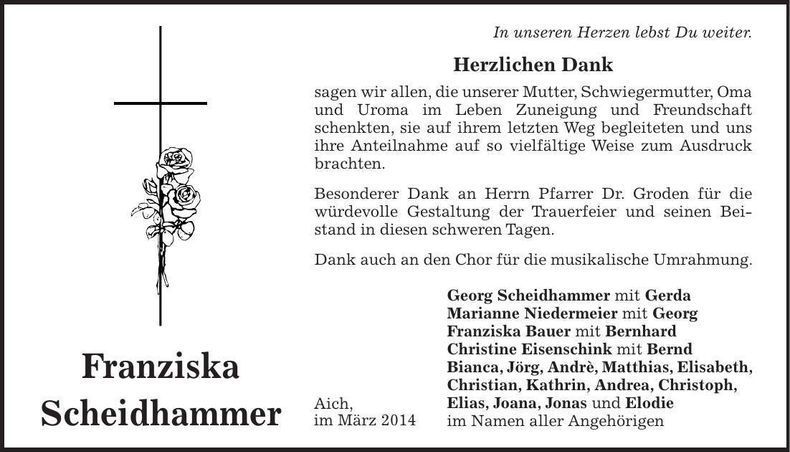 Traueranzeige Franziska Scheidhammer