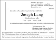 Traueranzeige Joseph Lang