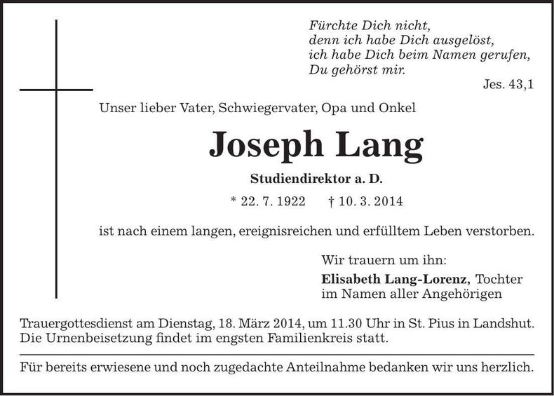 Traueranzeige Joseph Lang