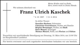 Traueranzeige Franz Ulrich Kaschek