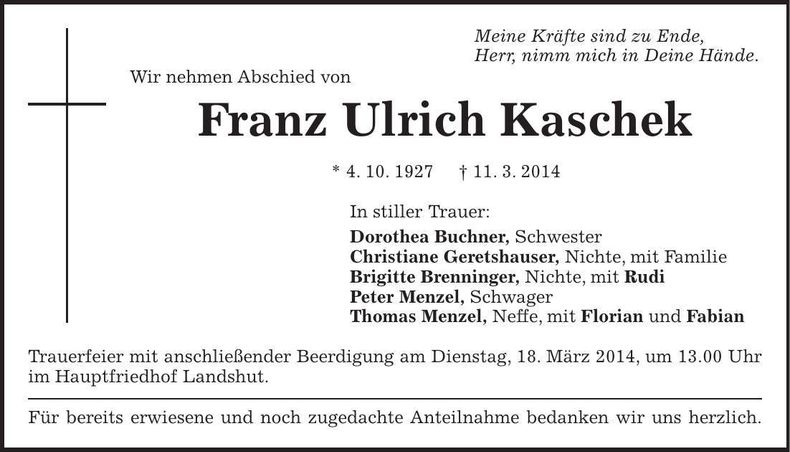 Traueranzeige Franz Ulrich Kaschek