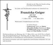 Traueranzeige Franziska Geiger