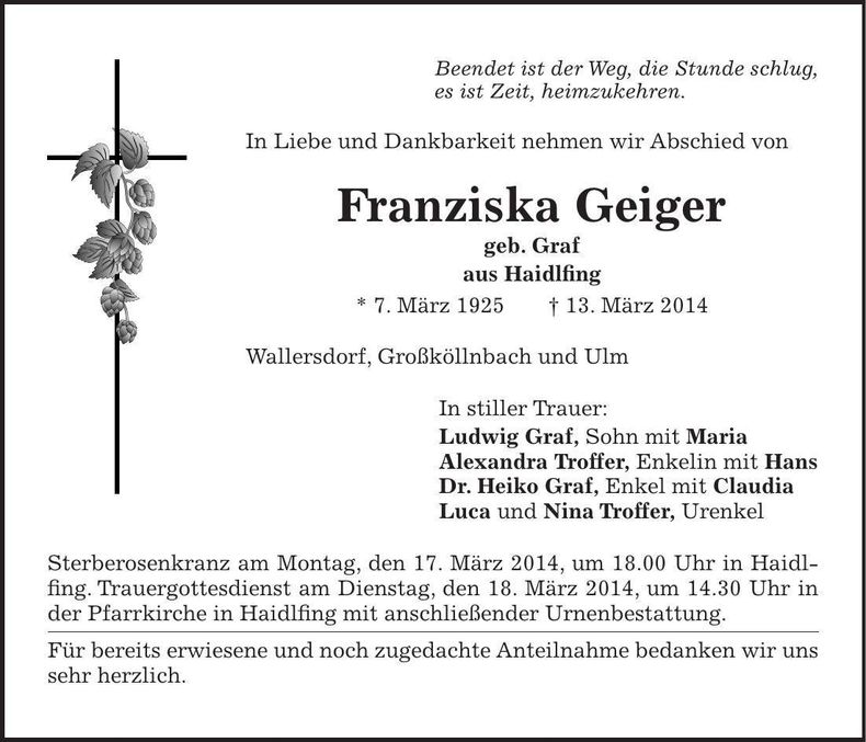 Traueranzeige Franziska Geiger