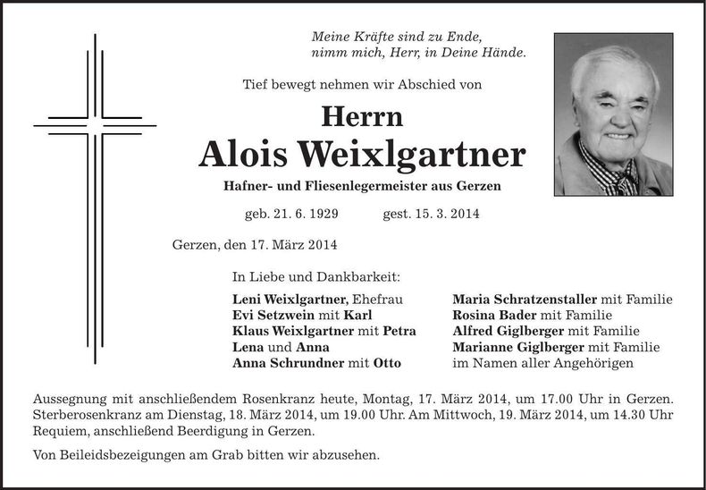 Traueranzeige Alois Weixlgartner