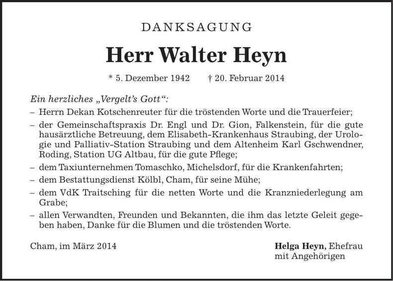 Traueranzeige Walter Heyn