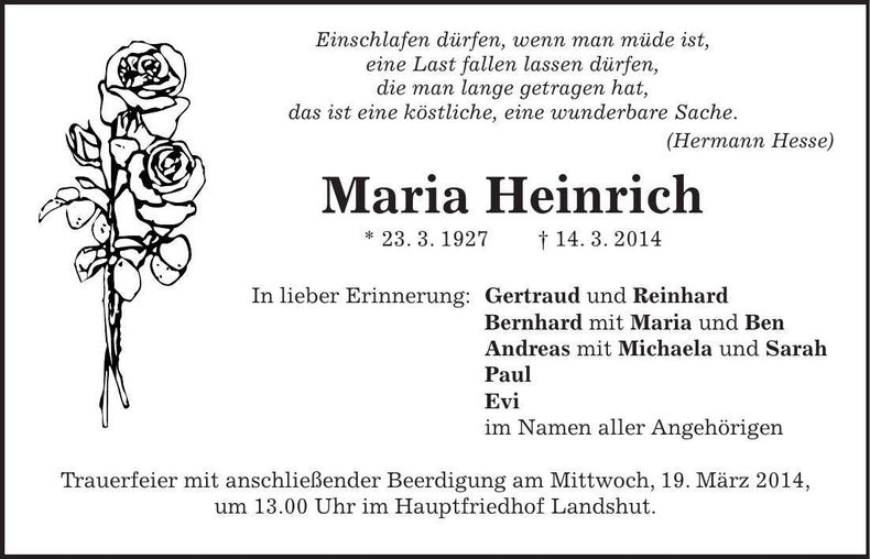 Traueranzeige Maria Heinrich