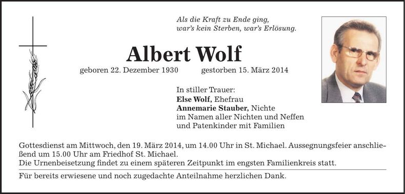 Traueranzeige Albert Wolf