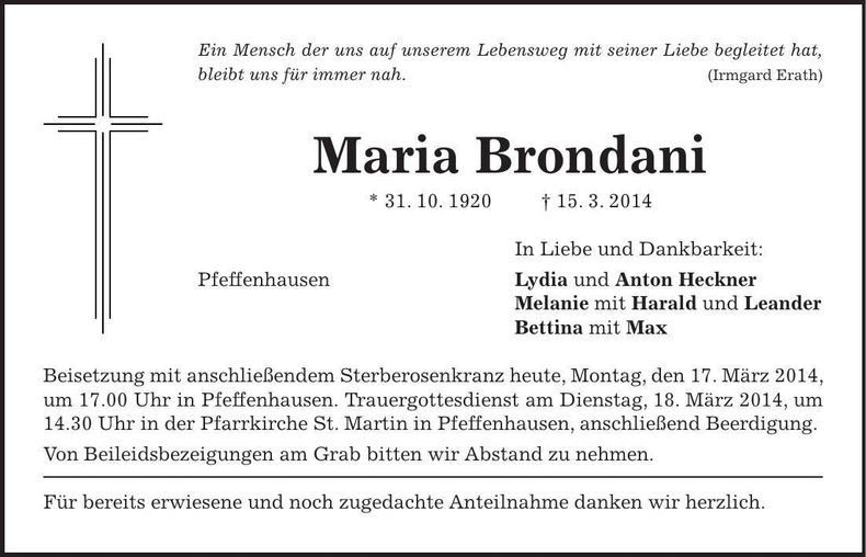 Traueranzeige Maria Brondani