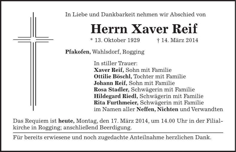 Traueranzeige Xaver Reif