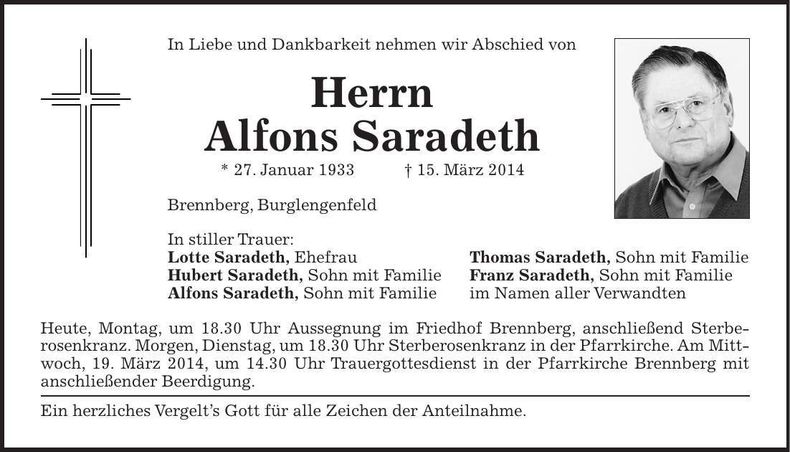 Traueranzeige Alfons Saradeth