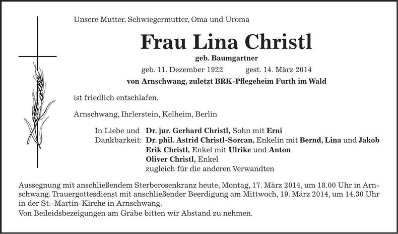 Traueranzeige Lina Christl
