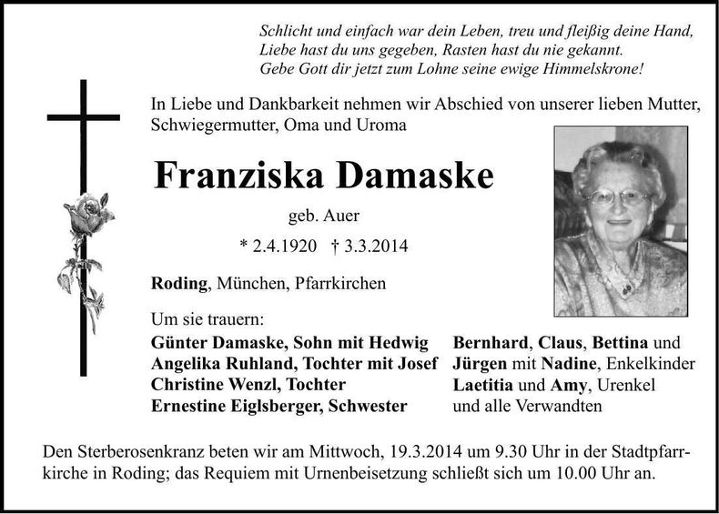 Traueranzeige Franziska Damaske