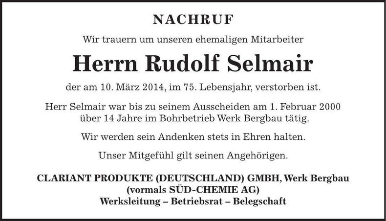 Traueranzeige Rudolf Selmair
