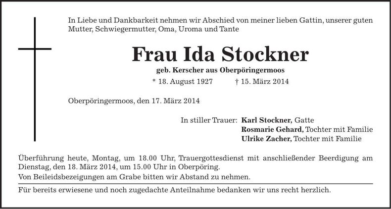 Traueranzeige Ida Stockner