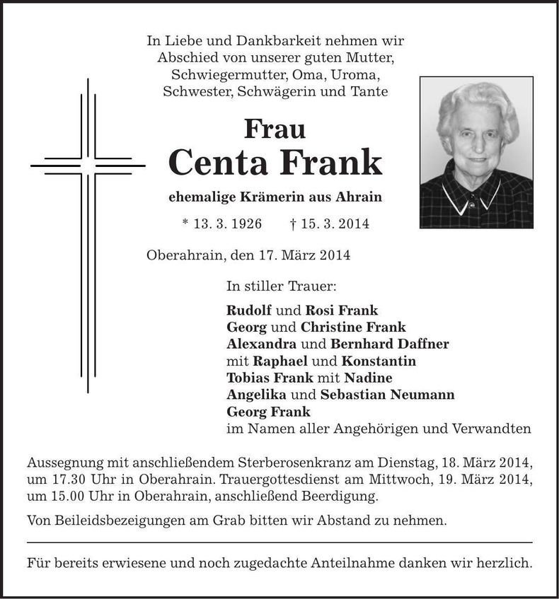 Traueranzeige Centa Frank