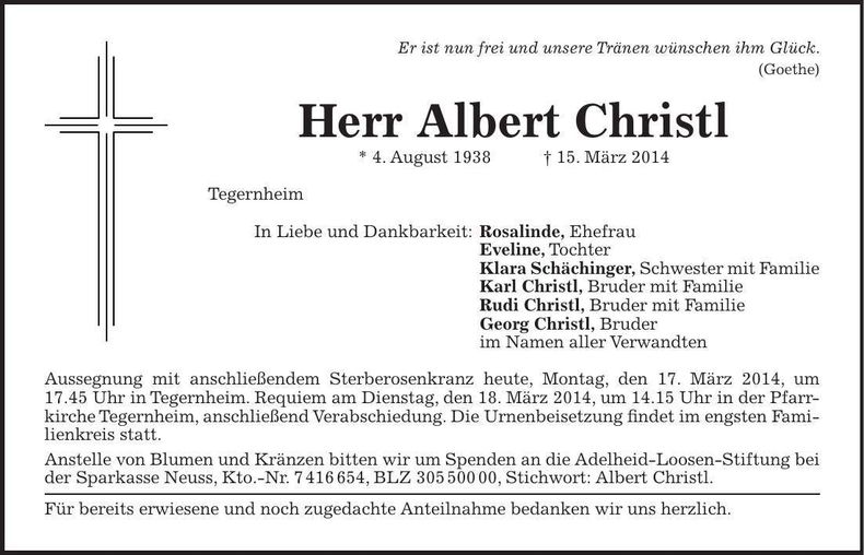 Traueranzeige Albert Christl