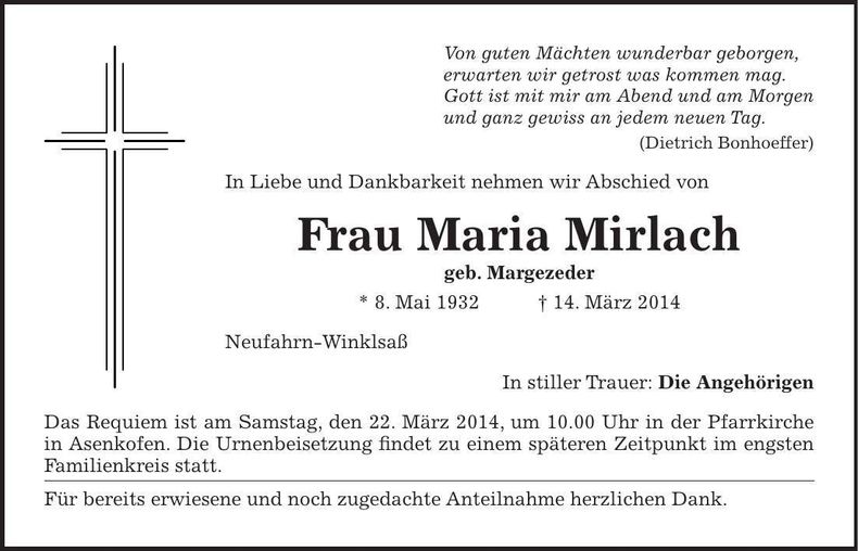 Traueranzeige Maria Mirlach