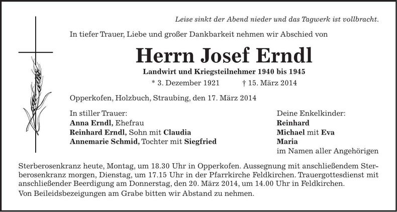 Traueranzeige Josef Erndl