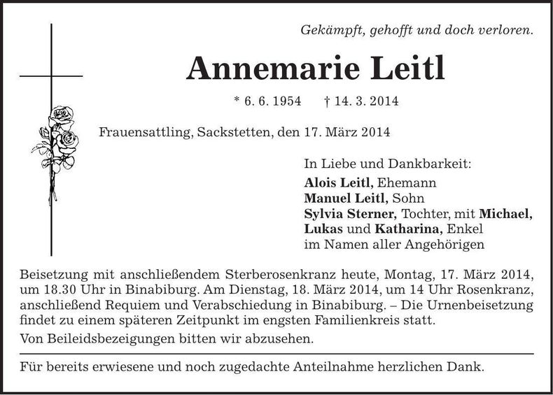 Traueranzeige Annemarie Leitl