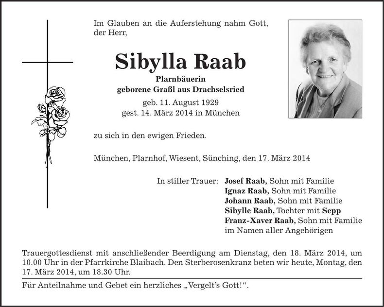 Traueranzeige Sibylla Raab