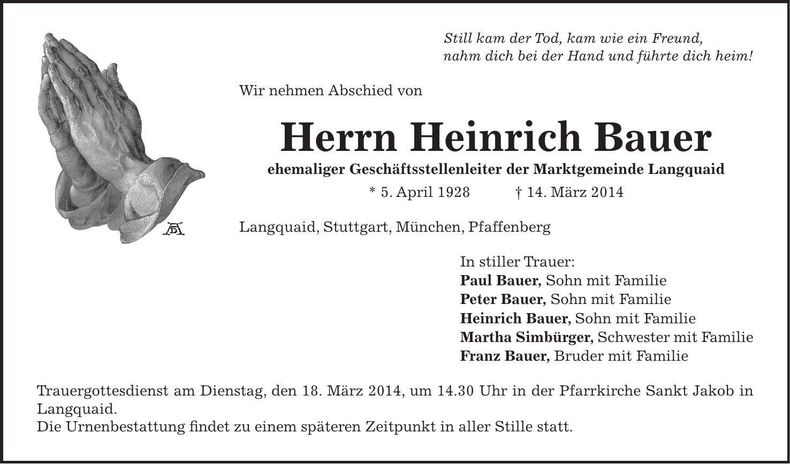 Traueranzeige Paul Bauer
