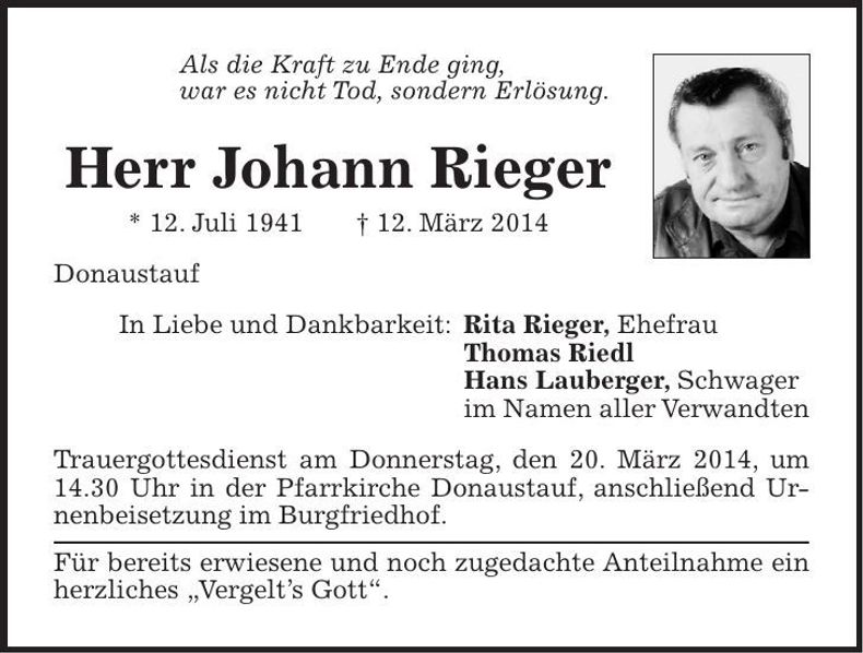 Traueranzeige Johann Rieger