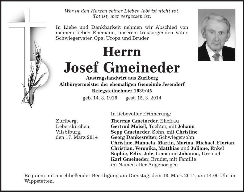Traueranzeige Josef Gmeineder