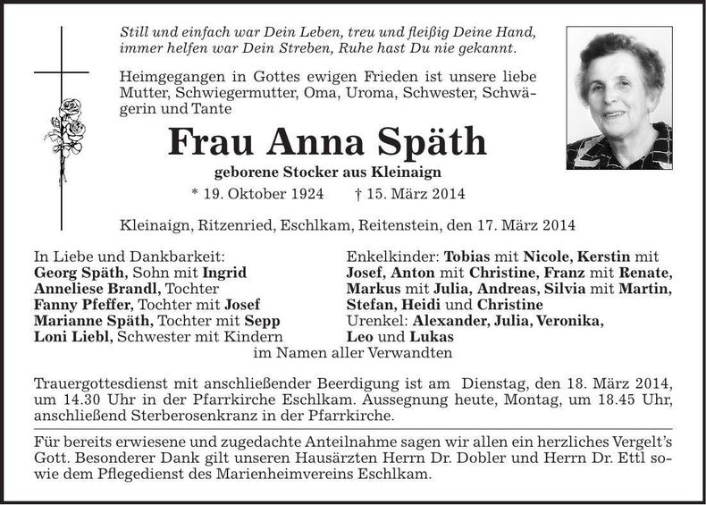 Traueranzeige Anna Späth