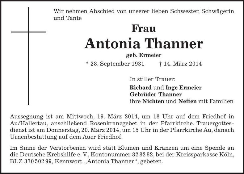 Traueranzeige Antonia Thanner