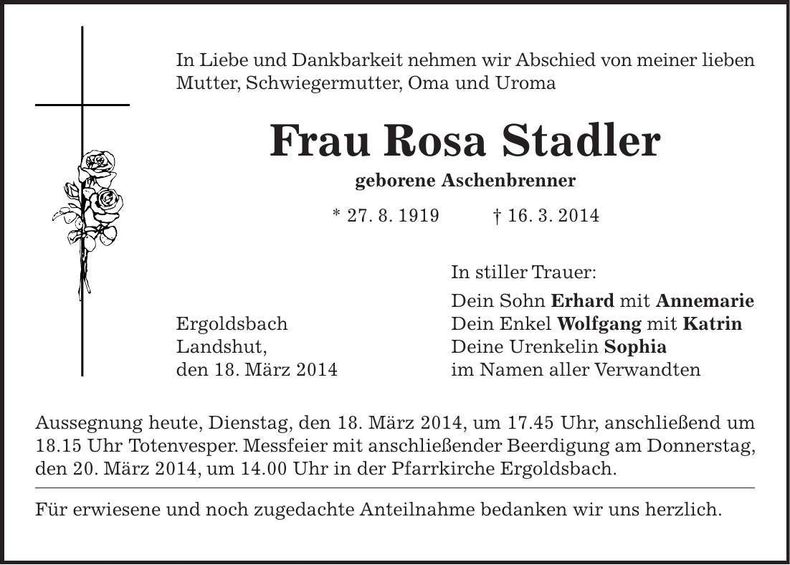Traueranzeige Rosa Stadler