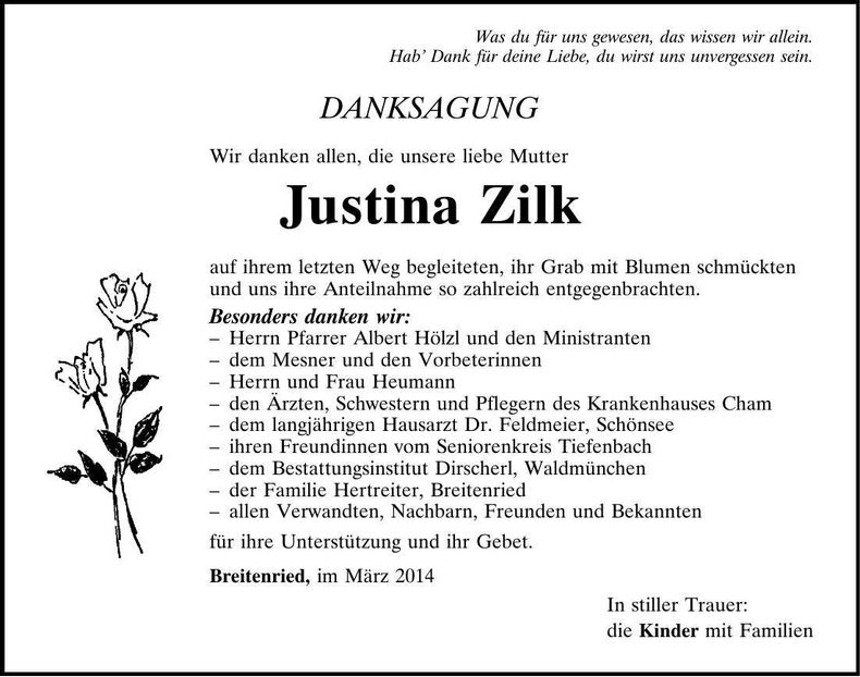 Traueranzeige Justina Zilk