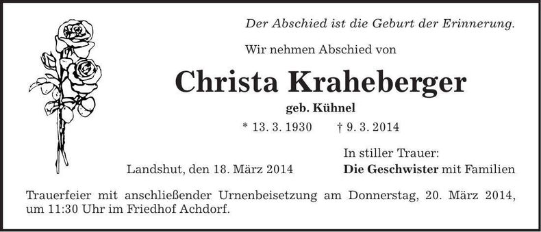 Traueranzeige Christa Kraheberger