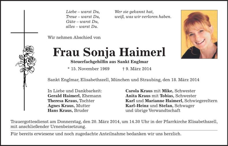 Traueranzeige Sonja Haimerl