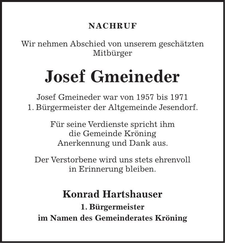 Traueranzeige Josef Gmeineder