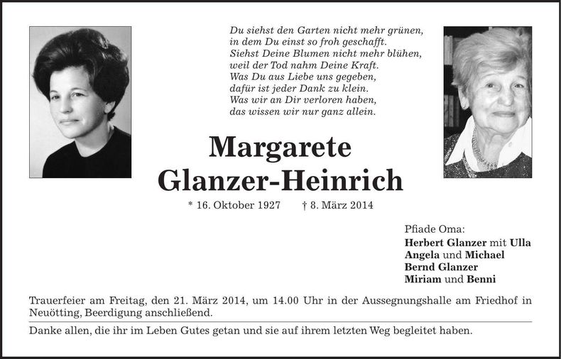 Traueranzeige Margarete Glanzer-Heinrich