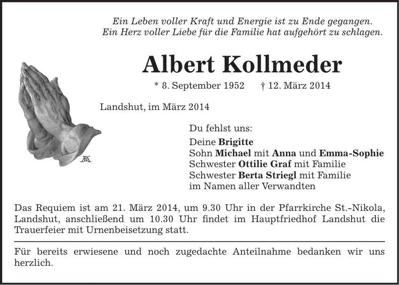 Traueranzeige Albert Kollmeder