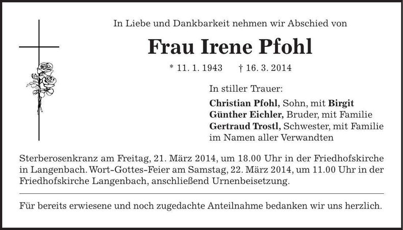 Traueranzeige Irene Pfohl