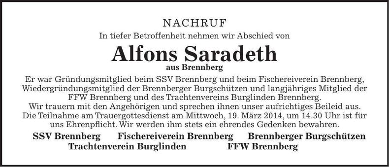 Traueranzeige Alfons Saradeth
