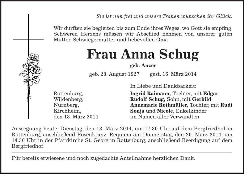 Traueranzeige Anna Schug