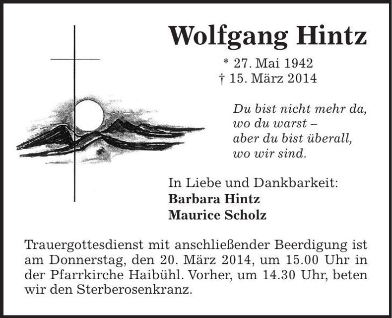 Traueranzeige Wolfgang Hintz