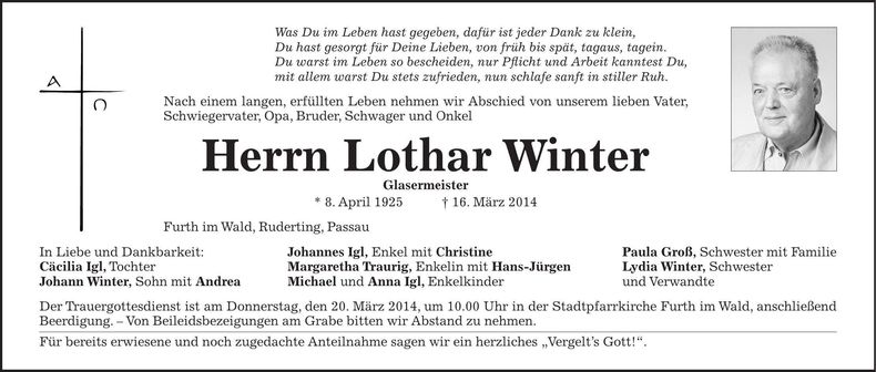 Traueranzeige Lothar Winter