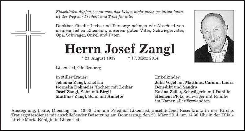 Traueranzeige Josef Zangl