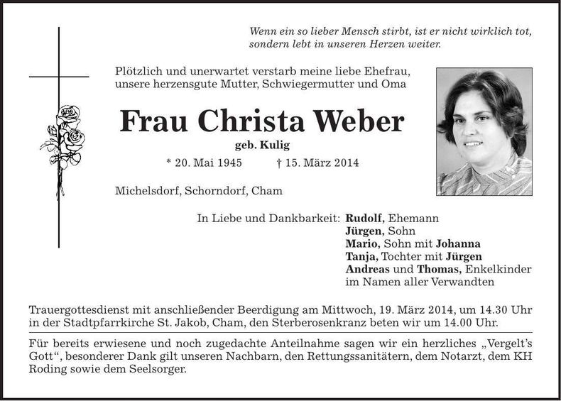 Traueranzeige Christa Weber