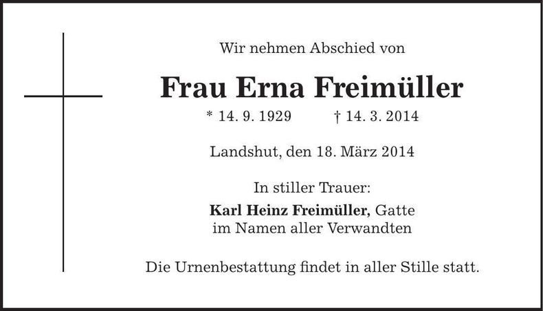 Traueranzeige Erna Freimüller