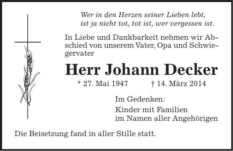 Traueranzeige Johann Decker