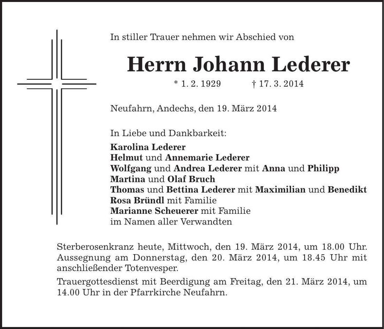 Traueranzeige Johann Lederer