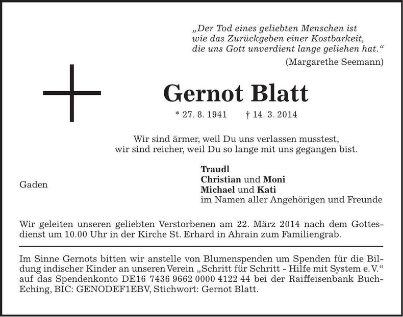 Traueranzeige Gernot Blatt