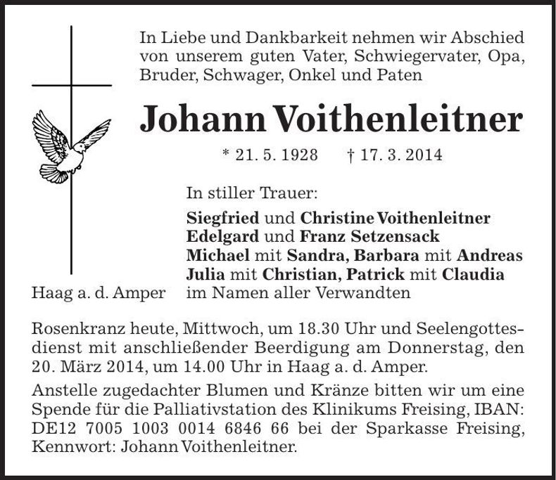 Traueranzeige Johann Voithenleitner